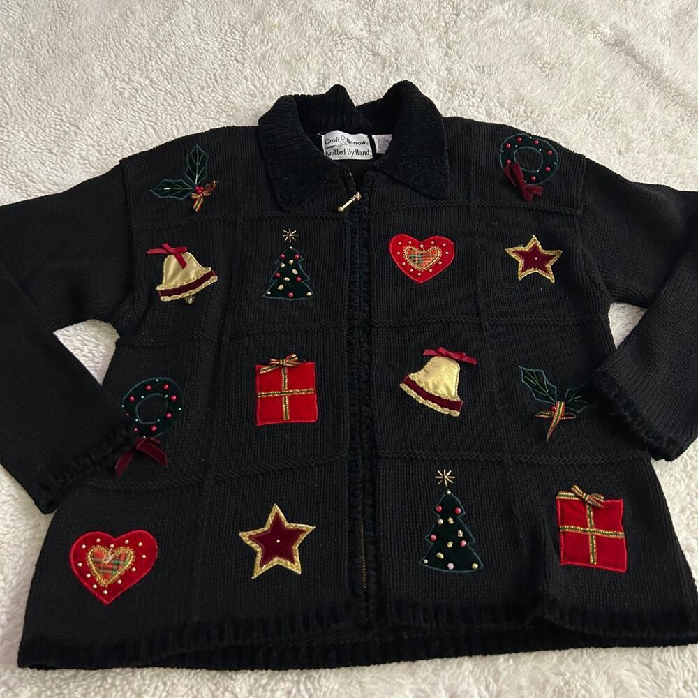 Vtg Croft Barrow Hand Knitted Sz M Christmas Holiday Embroidered Sweater Cotton